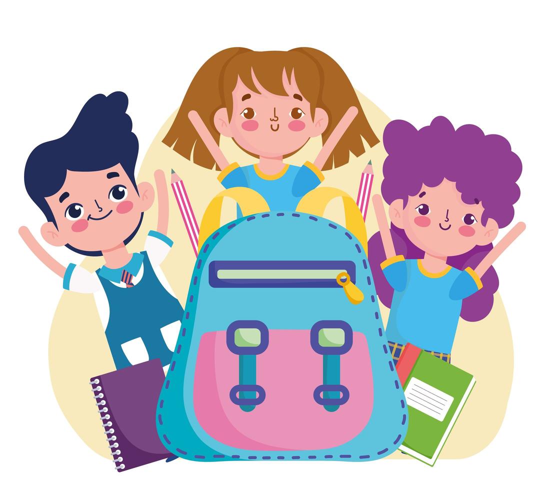 meninos e meninas bonitos da escola com mochila e livros vetor