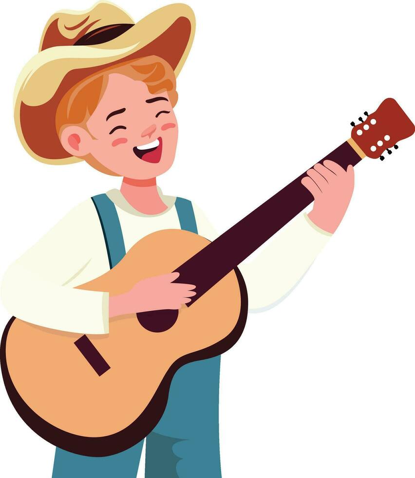 Garoto cantando e jogando uma guitarra vestindo uma chapéu plano estilo vetor ilustração, feliz rua artista, músico, música artista, jogando instrumento estoque vetor imagem