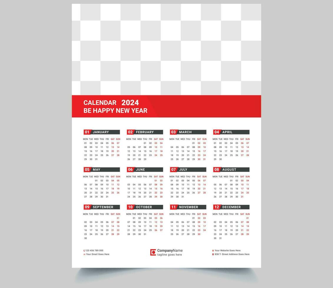 conjunto do 2024 calendário planejador modelo com Lugar, colocar para foto e companhia logotipo. vetor disposição do uma parede ou escrivaninha simples calendário com semana começar Segunda-feira