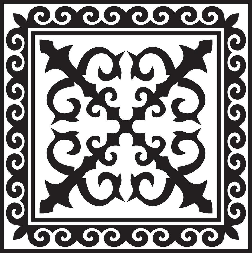 vetor Preto monocromático quadrado cazaque nacional ornamento. étnico padronizar do a povos do a ótimo estepe, mongóis, quirguiz, Kalmyks, buryats.