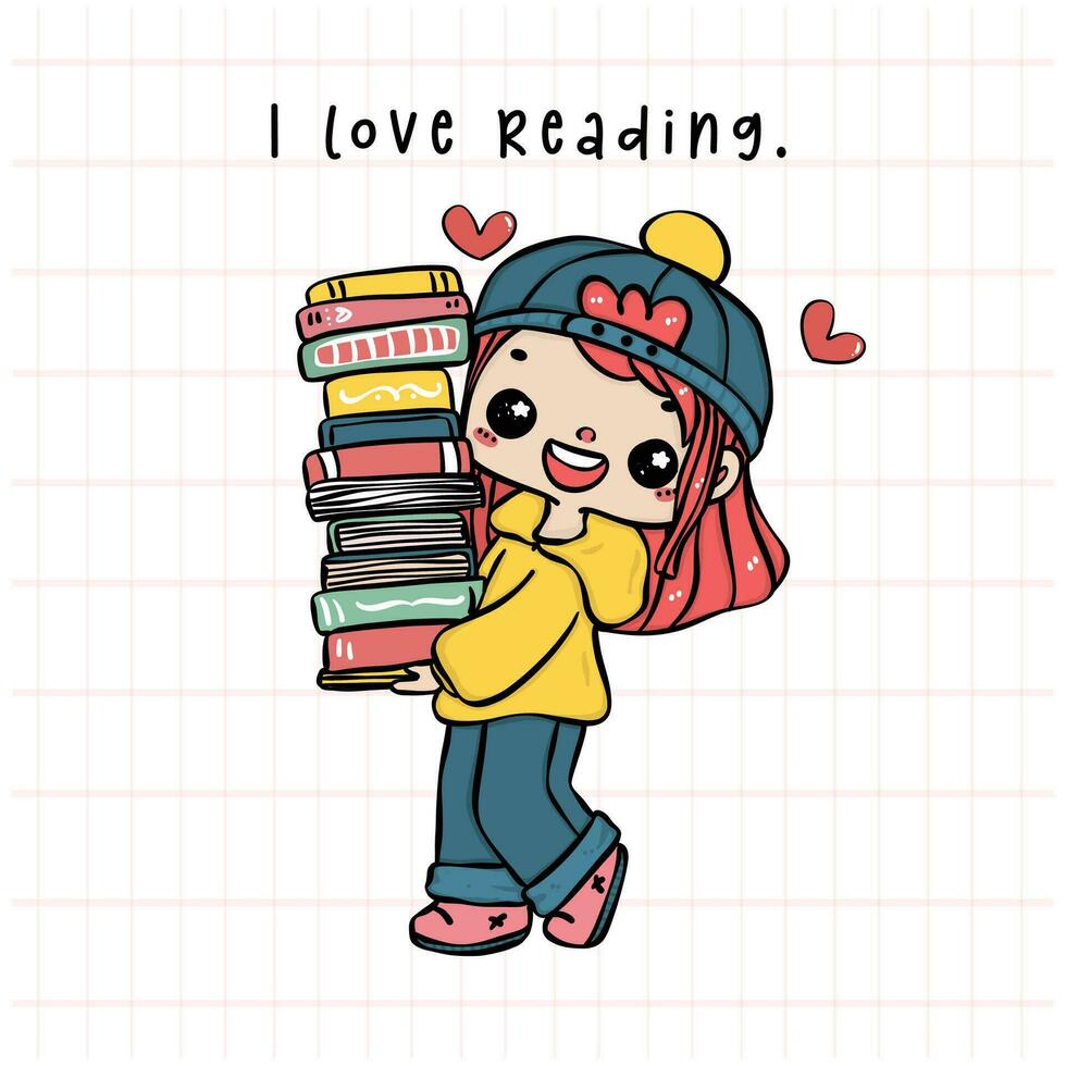 fofa aluna menina carregando empilhado livros, alegre lendo vibrante cor desenho animado rabisco vetor