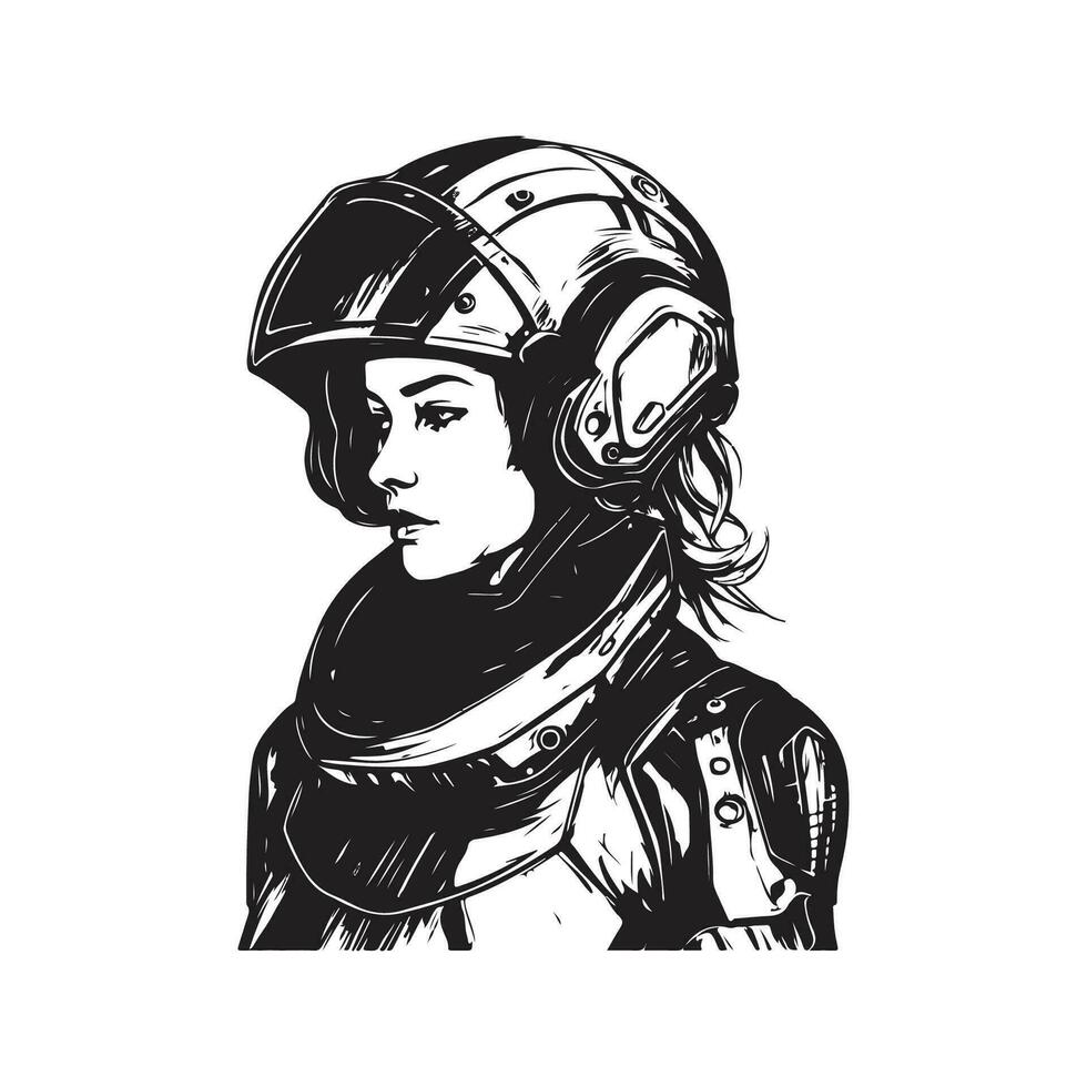 menina dentro futurista armaduras com capacete, vintage logotipo linha arte conceito Preto e branco cor, mão desenhado ilustração vetor