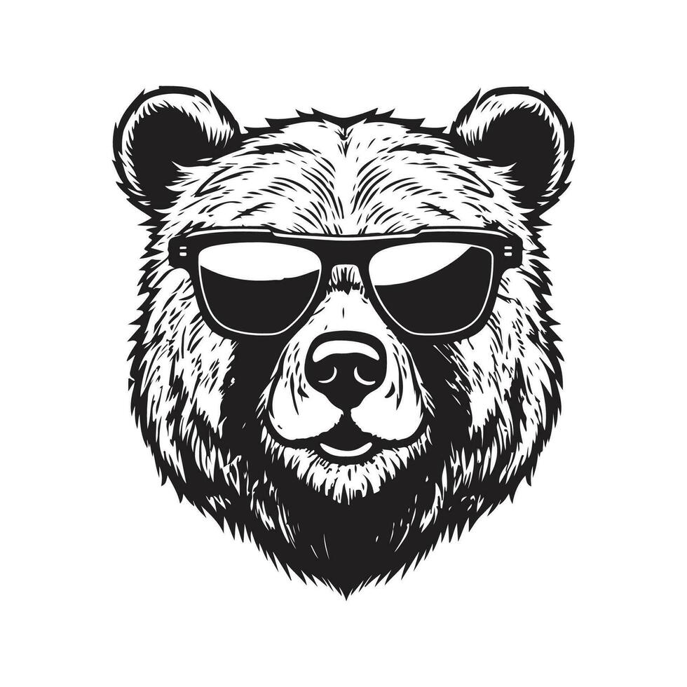 grisalho Urso vestindo oculos de sol, vintage logotipo linha arte conceito Preto e branco cor, mão desenhado ilustração vetor