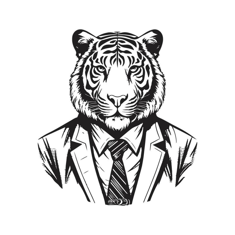 tigre vestindo terno, vintage logotipo linha arte conceito Preto e branco cor, mão desenhado ilustração vetor