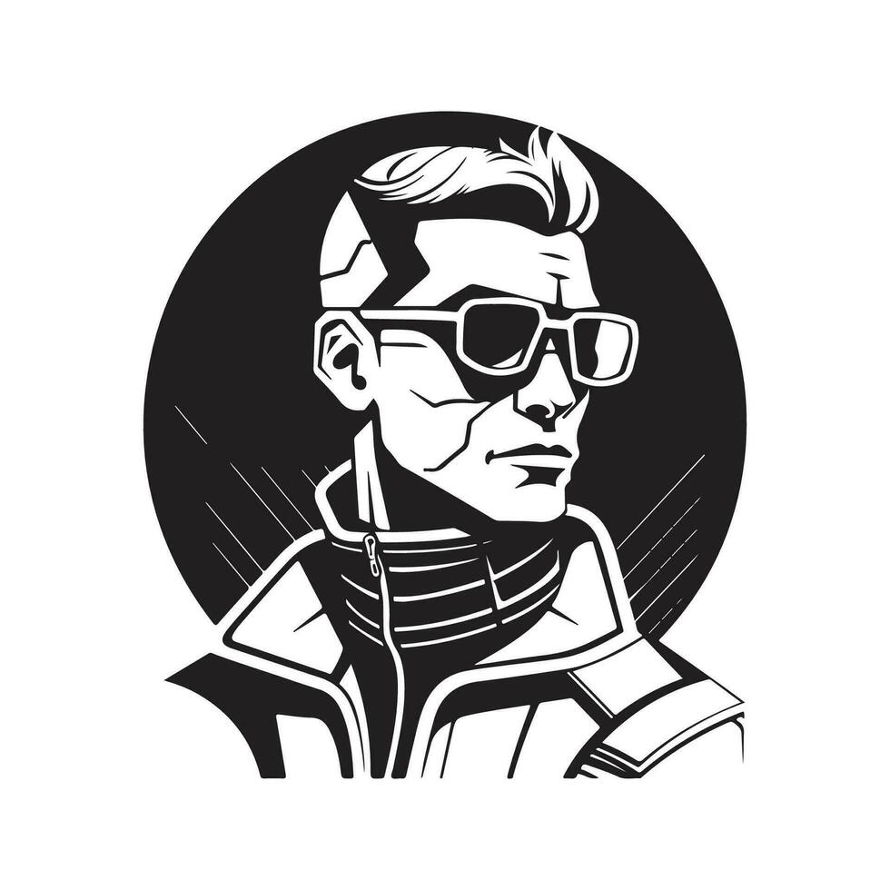pessoa vestindo futurista copos, vintage logotipo linha arte conceito Preto e branco cor, mão desenhado ilustração vetor