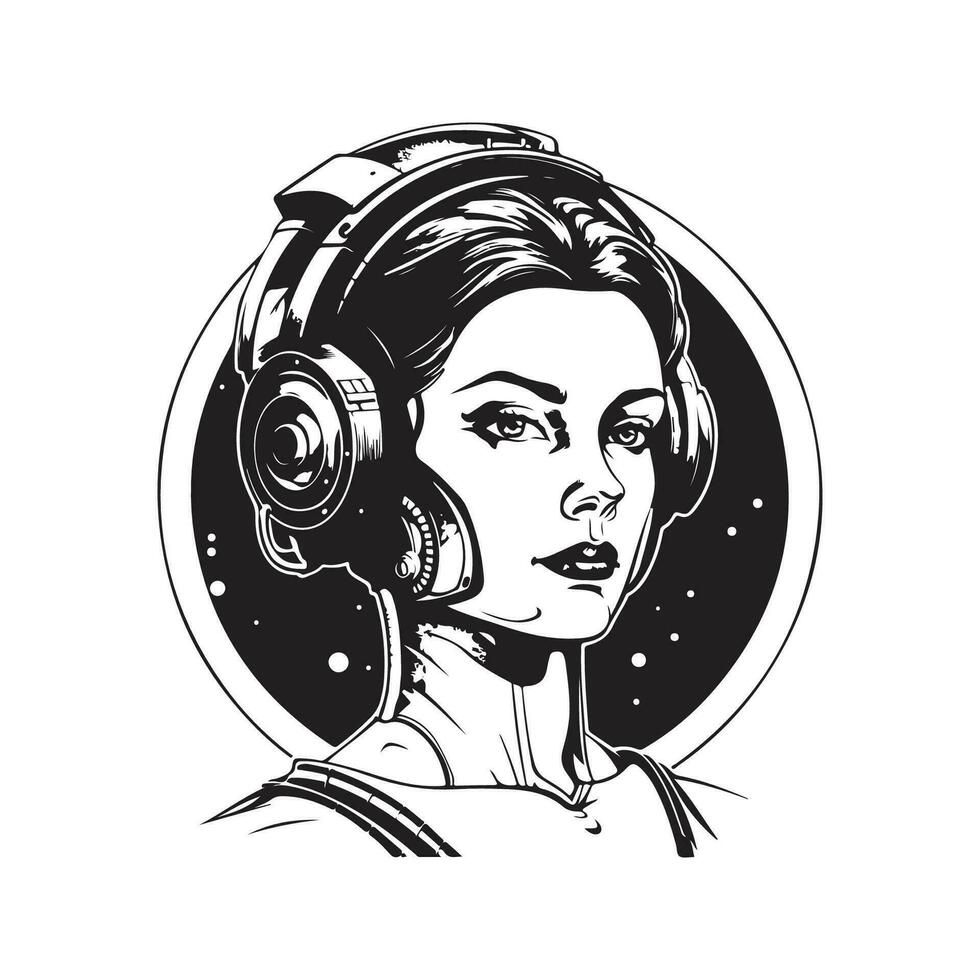 cyborg garota, vintage logotipo linha arte conceito Preto e branco cor, mão desenhado ilustração vetor