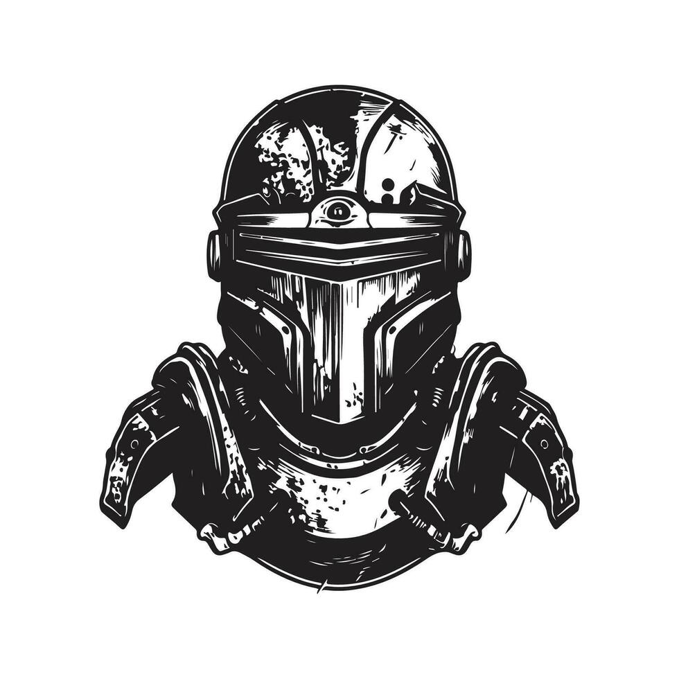 sci fi exército vestindo capacete, vintage logotipo linha arte conceito Preto e branco cor, mão desenhado ilustração vetor