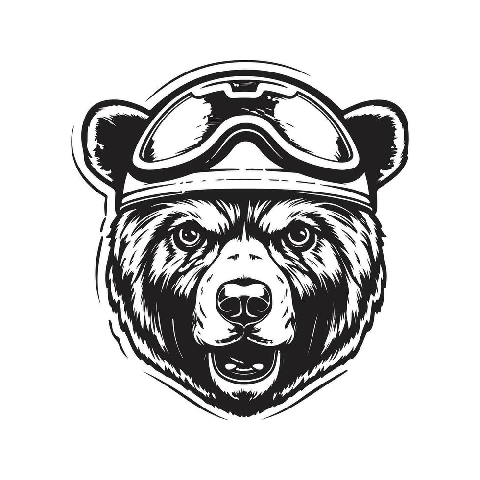 Urso vestindo motocicleta capacete, vintage logotipo linha arte conceito Preto e branco cor, mão desenhado ilustração vetor