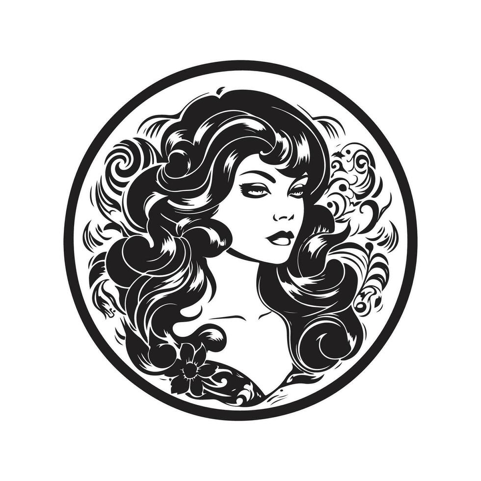 lindo fantasia mulher, vintage logotipo linha arte conceito Preto e branco cor, mão desenhado ilustração vetor