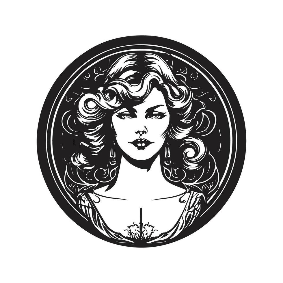 lindo fantasia mulher, vintage logotipo linha arte conceito Preto e branco cor, mão desenhado ilustração vetor