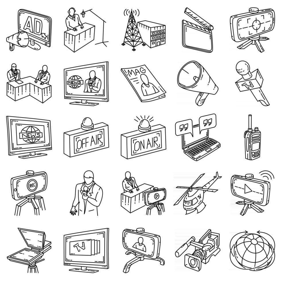 radiodifusão definir vetor de ícone. doodle desenhado à mão ou estilo de ícone de contorno