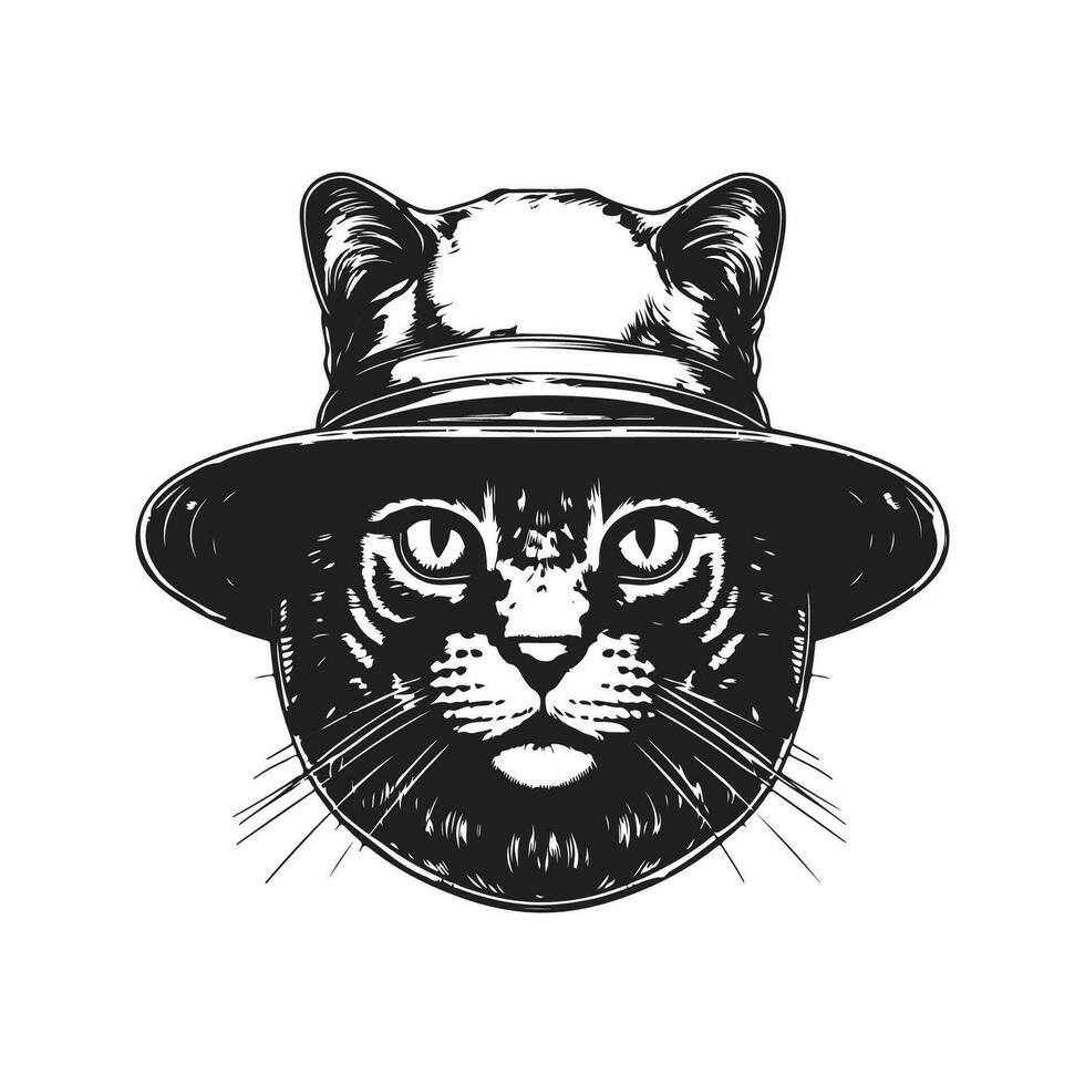 gato com balde chapéu, vintage logotipo linha arte conceito Preto e branco cor, mão desenhado ilustração vetor