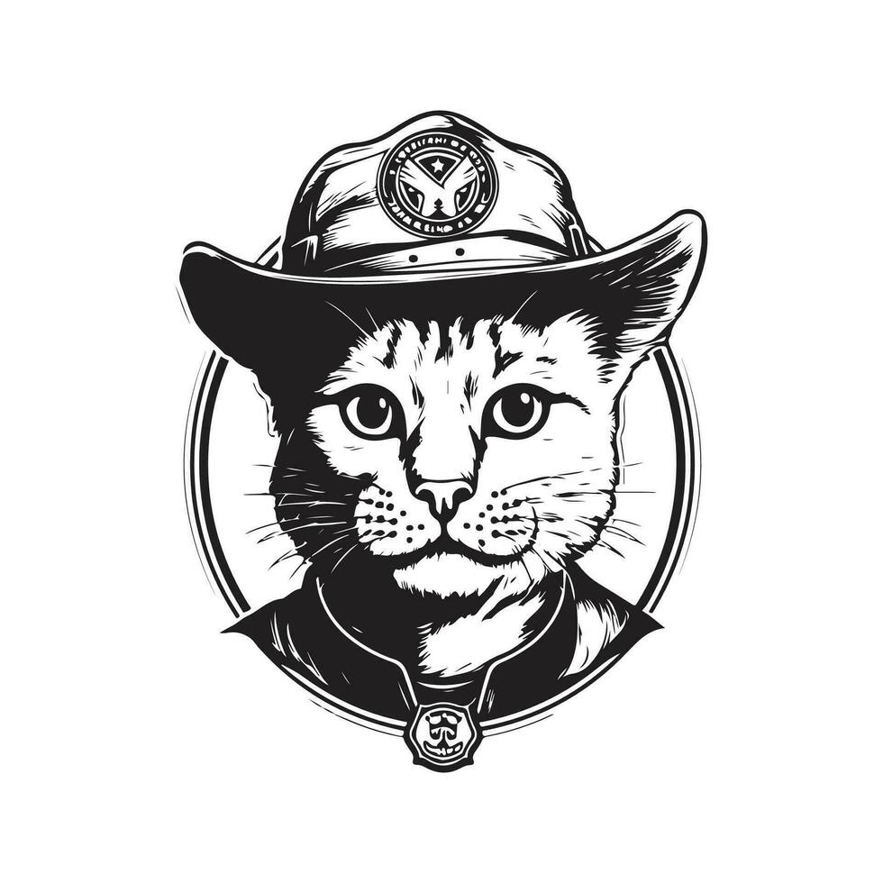 gato vestindo escoteiro chapéu, vintage logotipo linha arte conceito Preto e branco cor, mão desenhado ilustração vetor