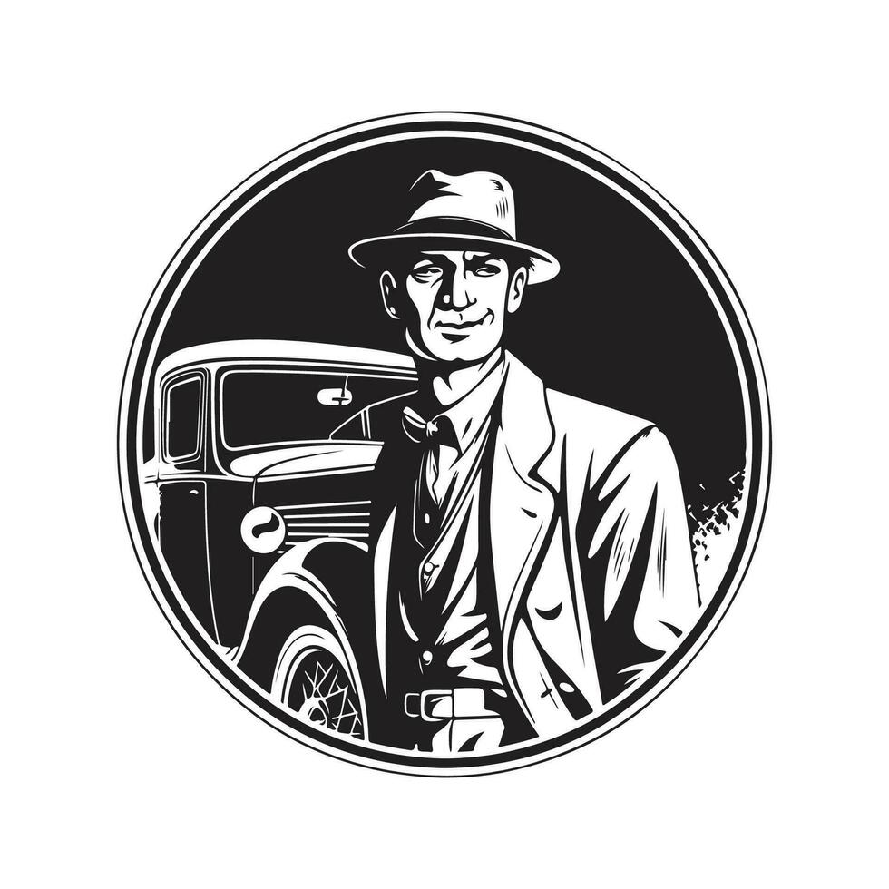 pessoa com veículo, vintage logotipo linha arte conceito Preto e branco cor, mão desenhado ilustração vetor