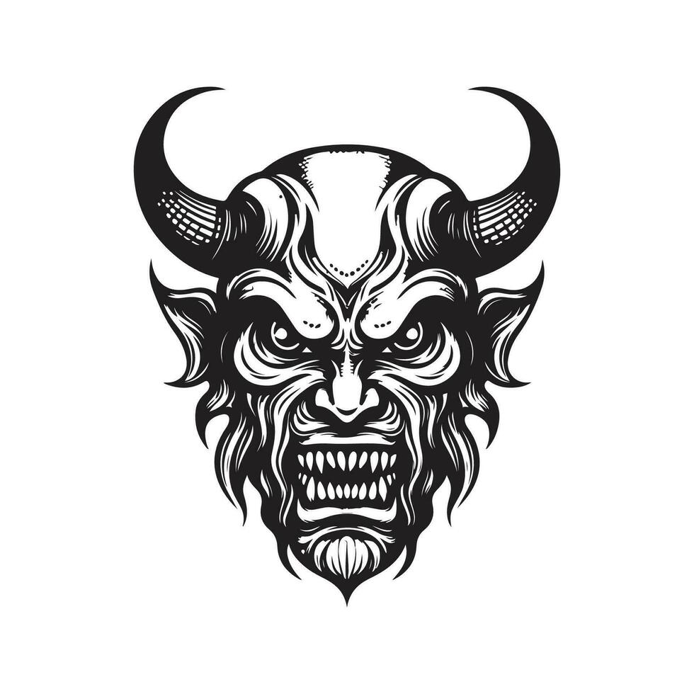 demônio face, vintage logotipo linha arte conceito Preto e branco cor, mão desenhado ilustração vetor