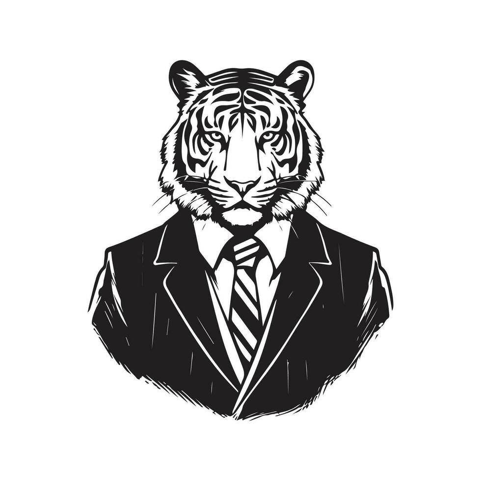 tigre vestindo terno, vintage logotipo linha arte conceito Preto e branco cor, mão desenhado ilustração vetor