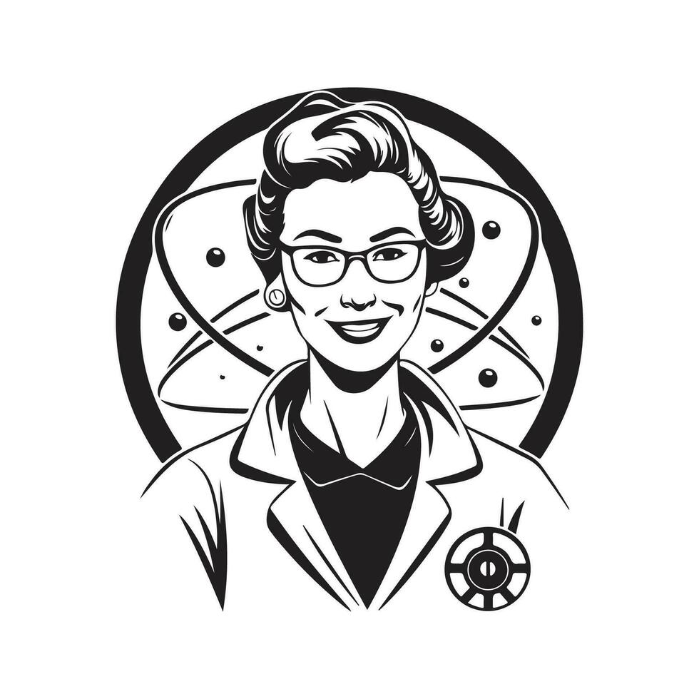 feliz mulher cientista, vintage logotipo linha arte conceito Preto e branco cor, mão desenhado ilustração vetor