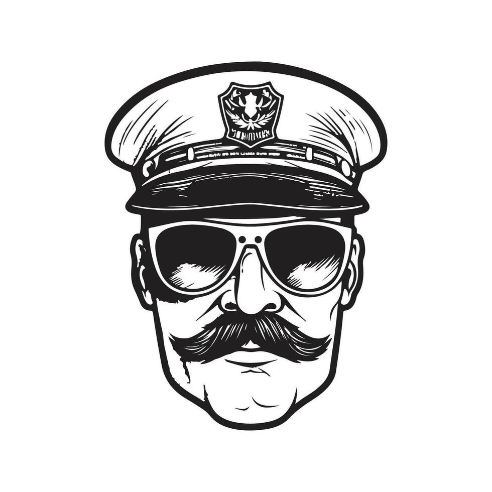 policial vestindo boné com bigode e oculos de sol, vintage logotipo linha arte conceito Preto e branco cor, mão desenhado ilustração vetor