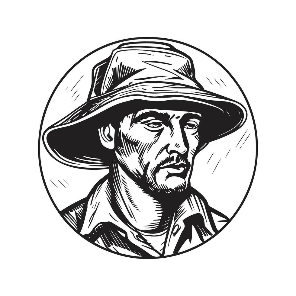 homem vestindo balde chapéu, vintage logotipo linha arte conceito Preto e branco cor, mão desenhado ilustração vetor
