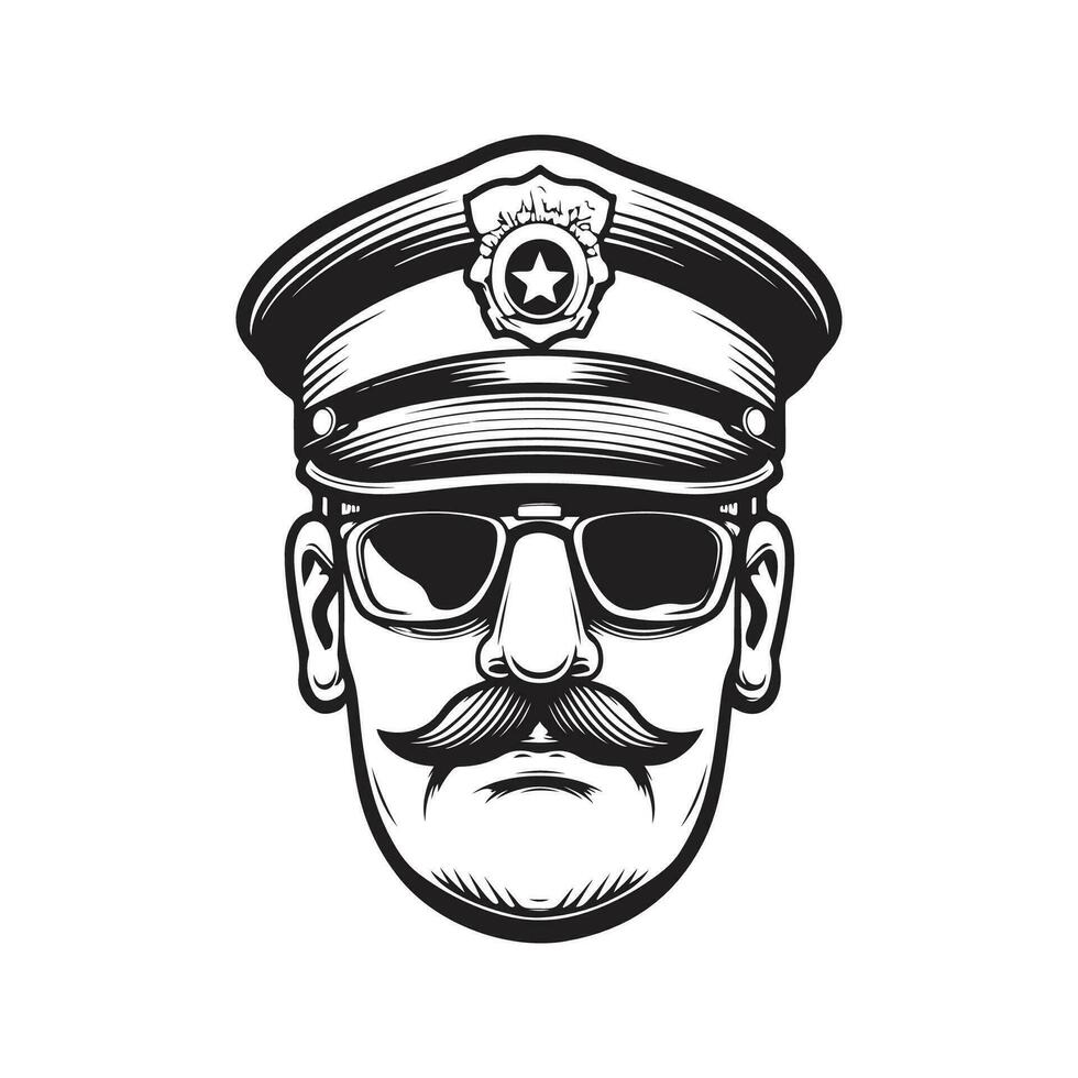 policial vestindo boné com bigode e oculos de sol, vintage logotipo linha arte conceito Preto e branco cor, mão desenhado ilustração vetor