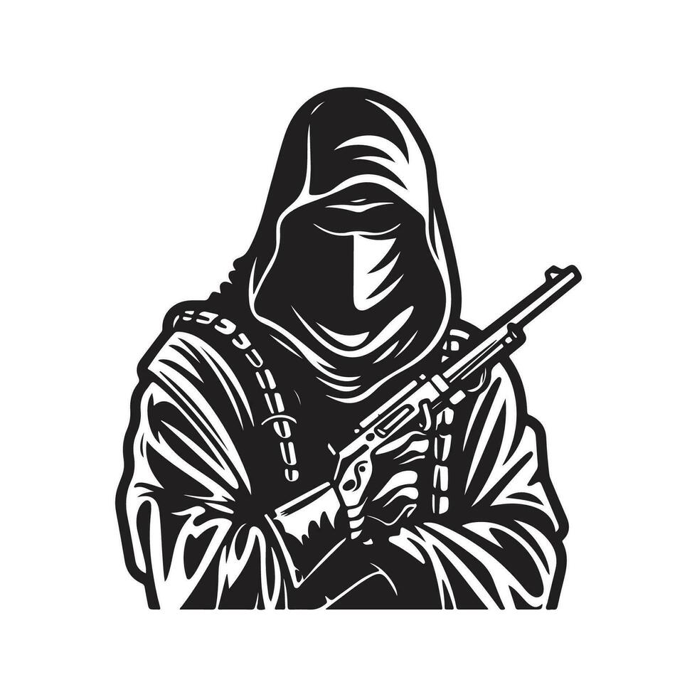 furtivo assassino, vintage logotipo linha arte conceito Preto e branco cor, mão desenhado ilustração vetor