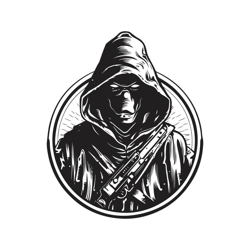 furtivo segredo assassino, vintage logotipo linha arte conceito Preto e branco cor, mão desenhado ilustração vetor