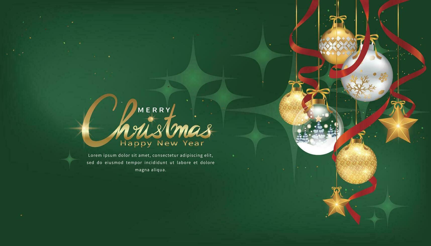 Natal enfeites com ouro, prata e transparente bolas com estrelas, flocos de neve e Natal árvores em uma verde fundo vetor