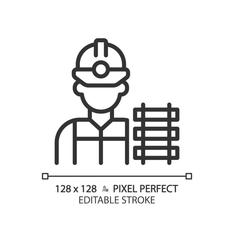 estrada de ferro trabalhador pixel perfeito linear ícone. Ferrovia trabalho. trem acompanhar. trilho manutenção. Civil Engenharia. fino linha ilustração. contorno símbolo. vetor esboço desenho. editável acidente vascular encefálico