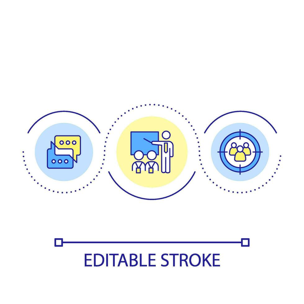 Treinamento para marketing especialista ciclo conceito ícone. o negócio comunicação. público estudando abstrato idéia fino linha ilustração. isolado esboço desenho. editável acidente vascular encefálico vetor