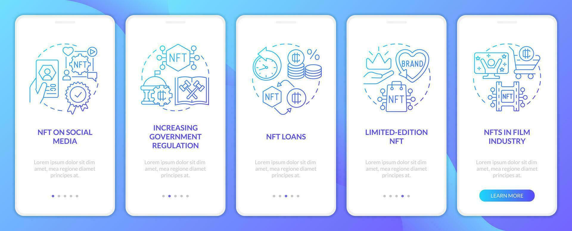 promissor nft tendências azul gradiente onboarding Móvel aplicativo tela. blockchain passo a passo 5 passos gráfico instruções com linear conceitos. interface do usuário, ux, gui modelo vetor