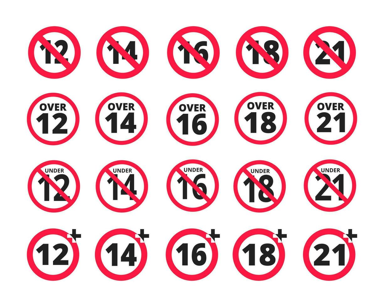 adultos conteúdo só era restrição 12, 14, 16, 18, 21 mais anos velho ícone sinais definir. vetor