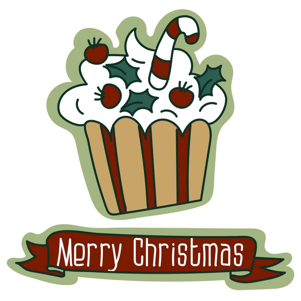 uma cartão postal com uma Natal Bolinho dentro creme decorado com visco bagas e uma doce bengala, uma desenho animado Natal vetor ilustração. uma cartão postal para a feriado dentro retro estilo. desenho animado objeto