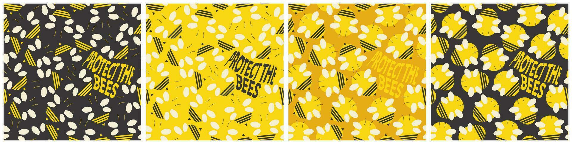 conjunto do 4 minimalista e colorida abelha desatado padrões dentro amarelo, abelha amarelo, e Preto fundos com proteger a abelhas mensagem. para fundos, cenários, desenhos, cartões. vetor ilustração.