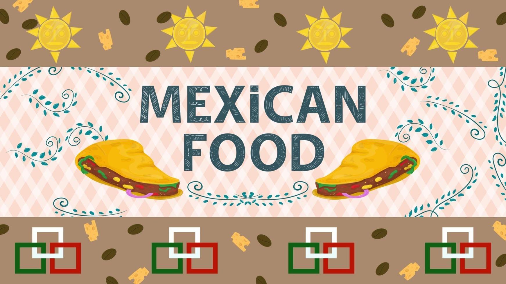 ilustração de banner para um projeto em estilo simples sobre o tema comida mexicana o nome da inscrição com tortilhas de taco no fundo de galhos com folhas vetor