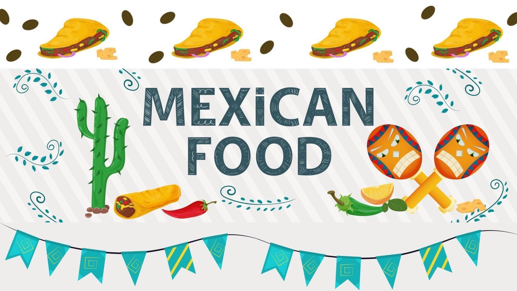 ilustração de banner para um projeto em estilo simples com o tema comida mexicana inscrição nome cacto tortilla burrito pimentão vermelho e verde e maracas vetor