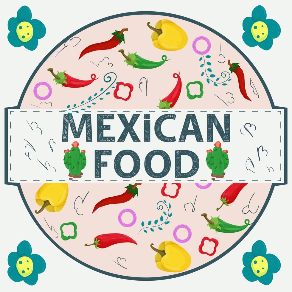 etiqueta da bandeira ilustração redonda em um design plano sobre o tema da inscrição de comida mexicana nomeie todos os elementos de comida pimenta vermelha e verde em um círculo vetor