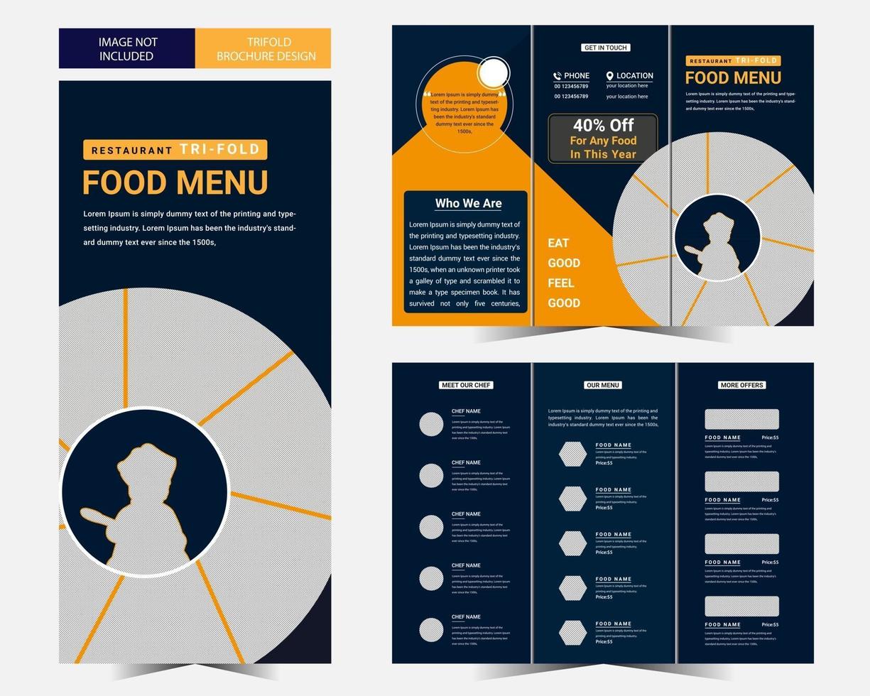 Projeto de modelo de comida para restaurante com folheto triplo e menu de fast food delicioso vetor