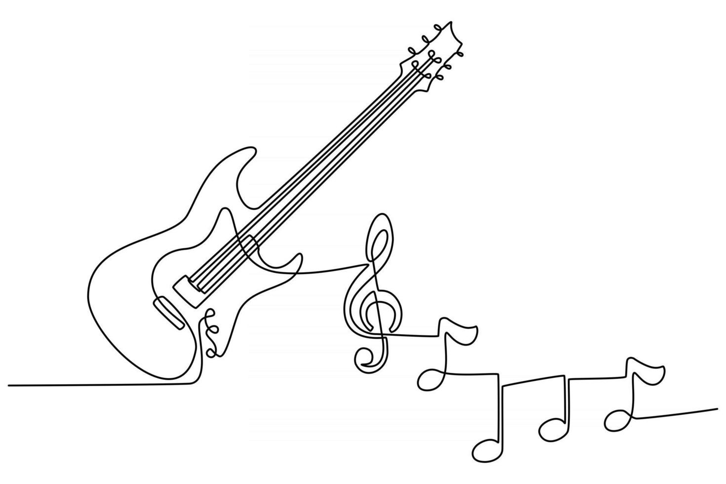 desenho de linha contínua de instrumento musical de guitarra elétrica com ilustração vetorial de notas de instrumento vetor