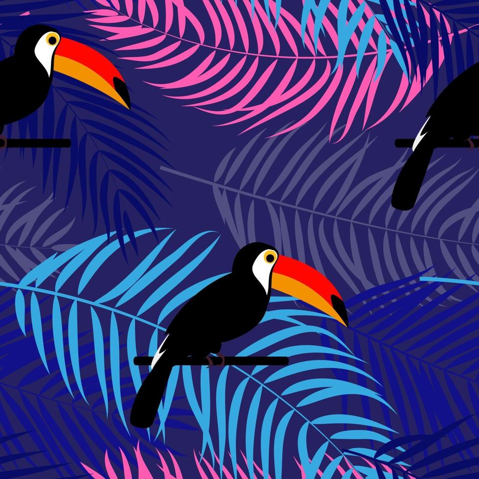 pássaro tucano tropical e design de plano de fundo padrão sem emenda de folha de palmeira. ilustração vetorial vetor