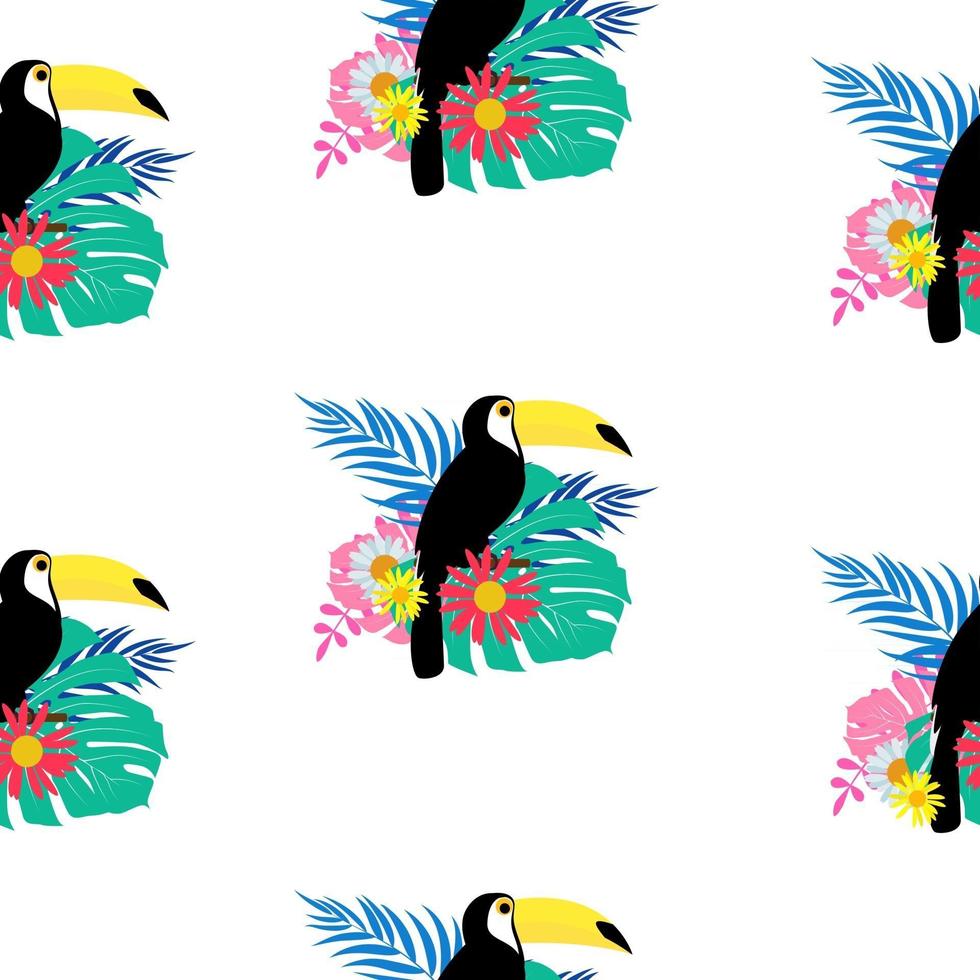 pássaro tucano tropical e design de plano de fundo padrão sem emenda de folha de palmeira. ilustração vetorial vetor