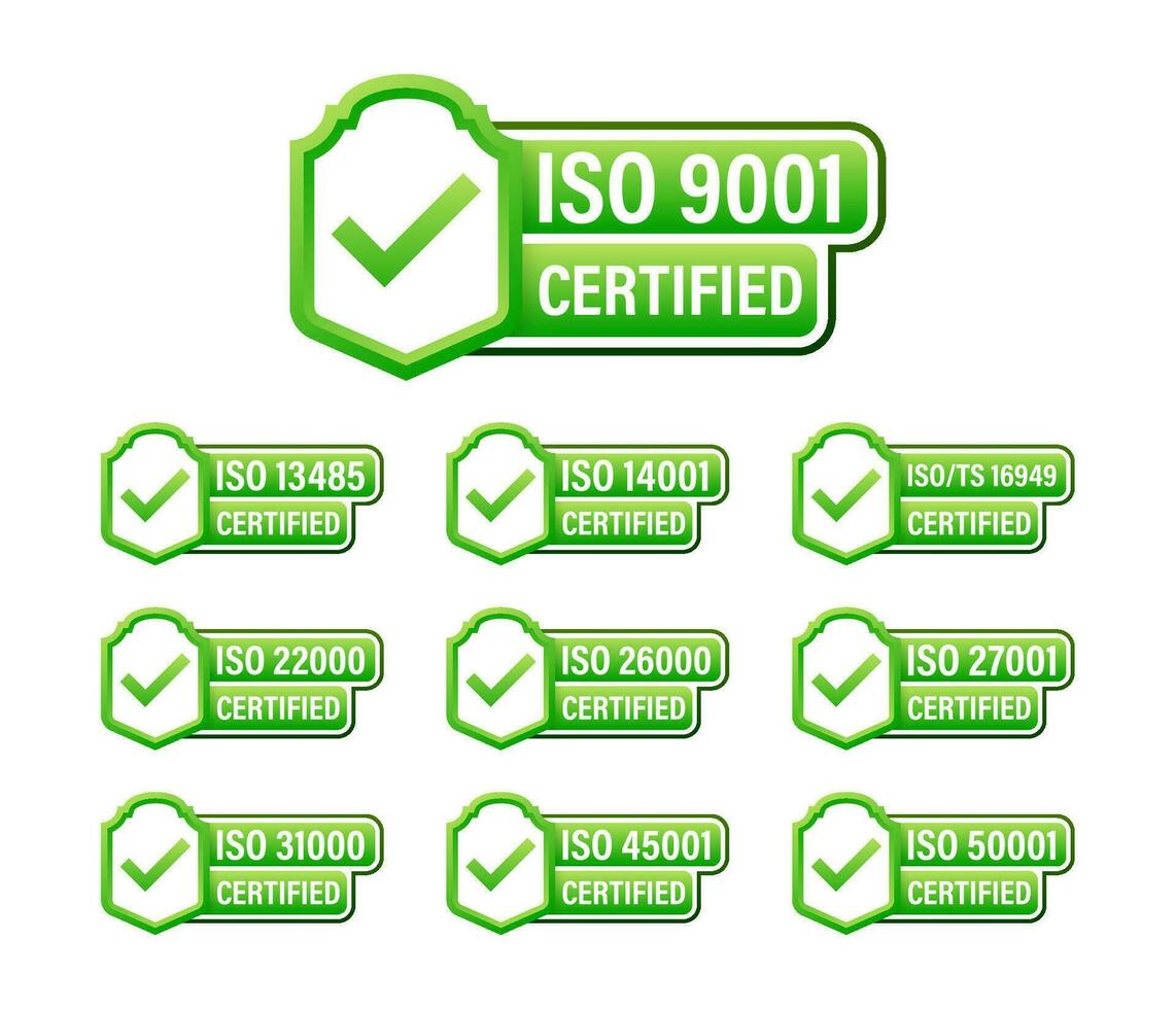 iso certificado conjunto carimbo e rótulos. qualidade gestão sistema certificado vetor