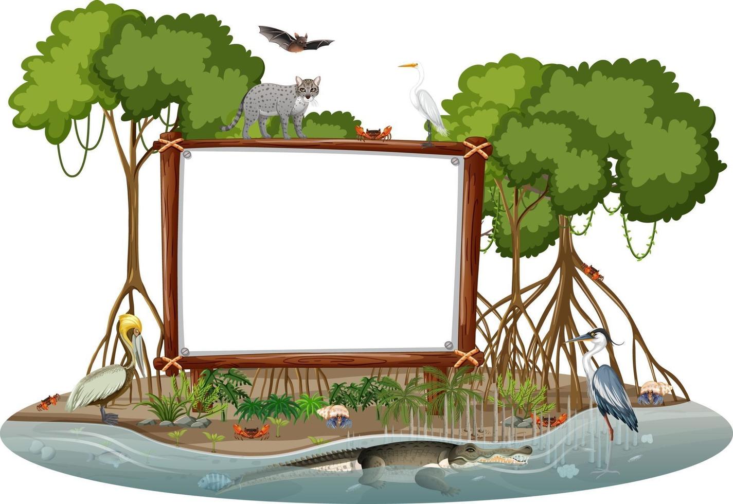 banner vazio em cena de floresta de mangue com animais selvagens isolados vetor