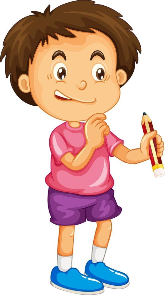 um menino segurando um personagem de desenho animado a lápis isolado no fundo branco vetor
