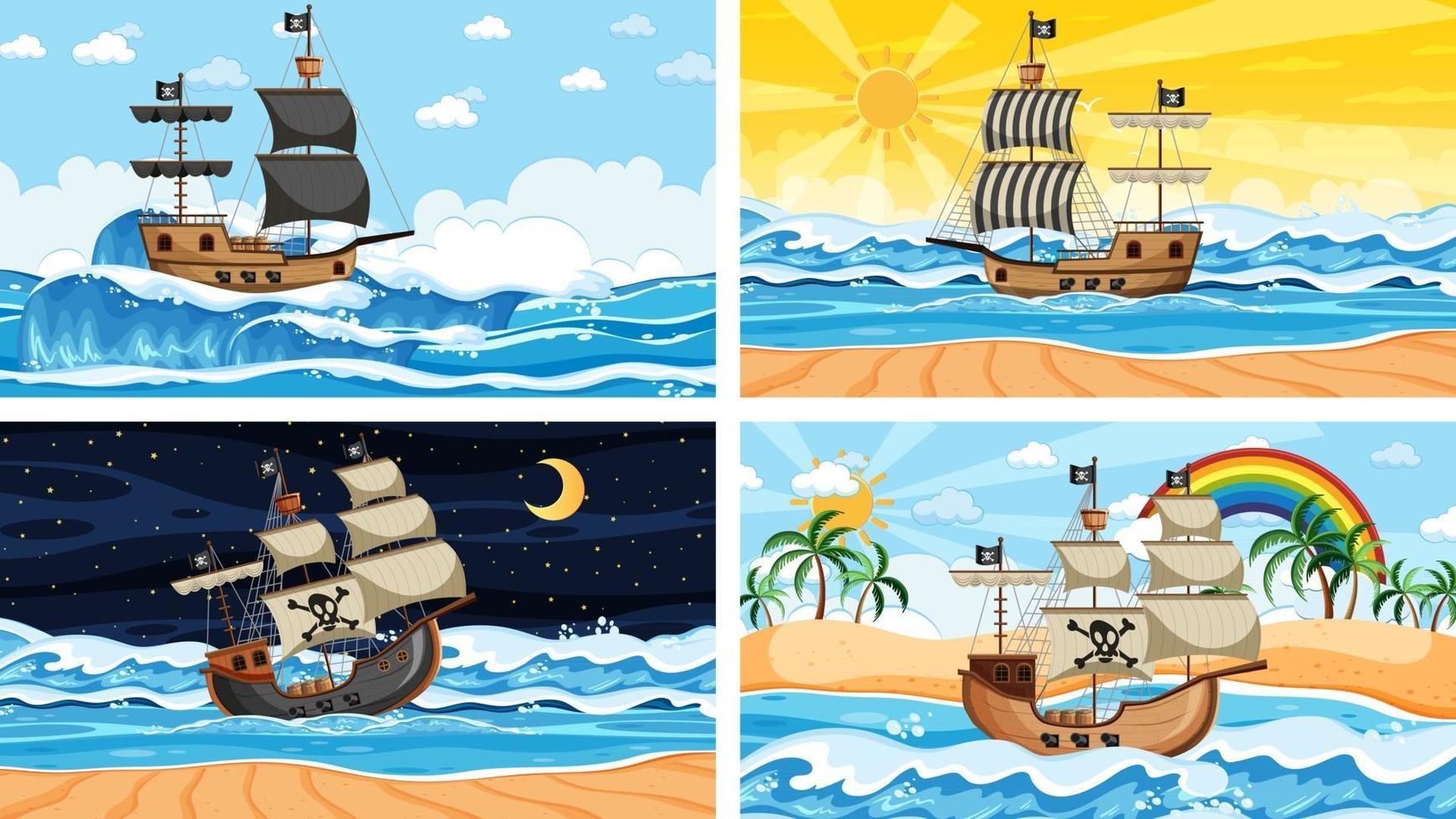 conjunto de oceano com navio pirata em diferentes momentos, cenas em estilo cartoon vetor