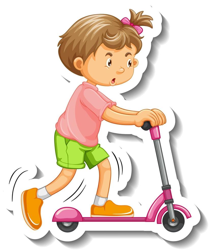 modelo de adesivo com uma menina brincando com o personagem de desenho animado de scooter isolado vetor