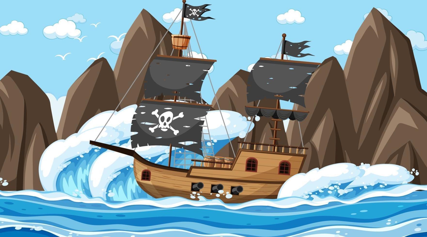 oceano com navio pirata na cena do dia em estilo cartoon vetor