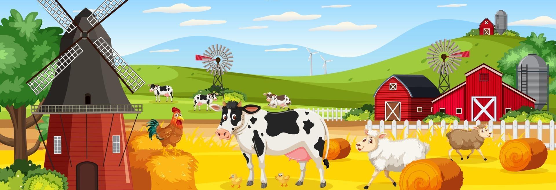 paisagem horizontal de fazenda com animais de fazenda vetor