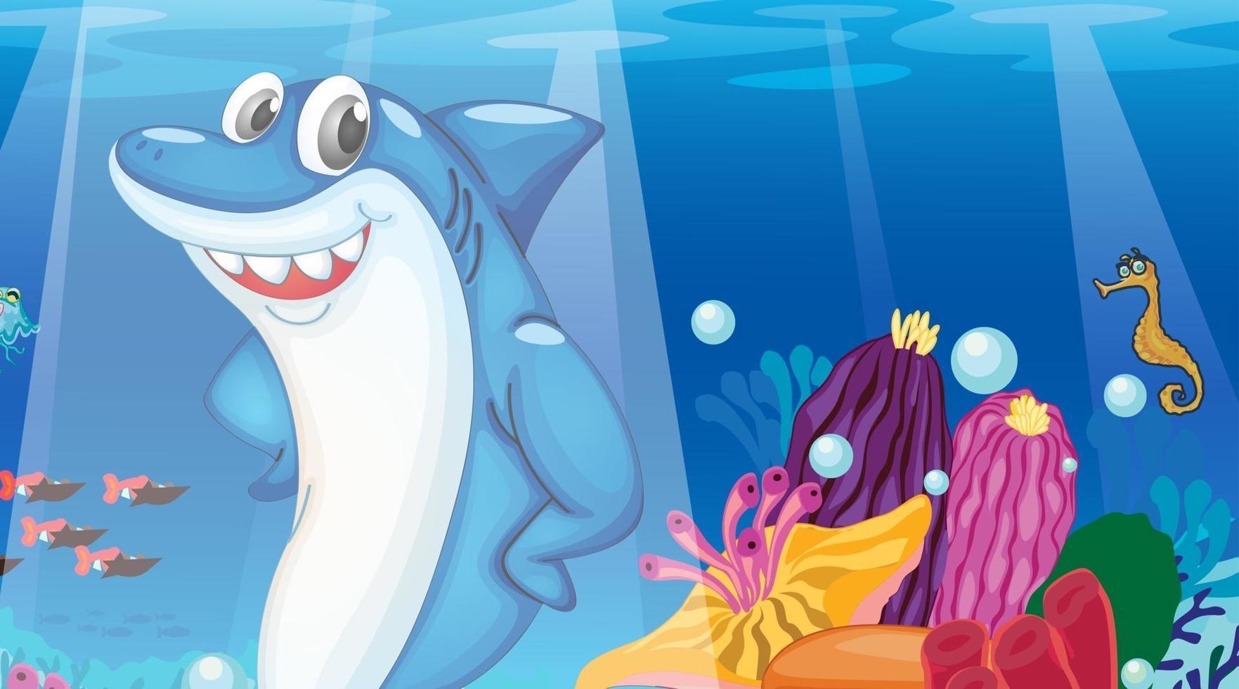 cena subaquática com personagem de desenho animado de tubarão e recife de coral tropical vetor