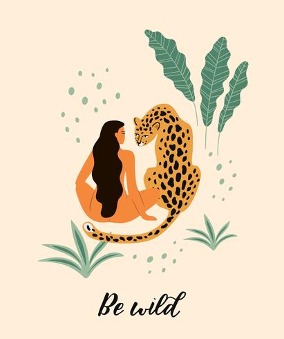Seja selvagem. Ilustração do vetor da mulher com leopardo.