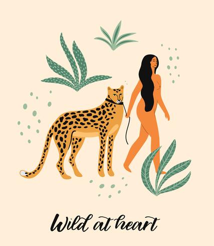 Seja selvagem. Ilustração do vetor da mulher com leopardo.